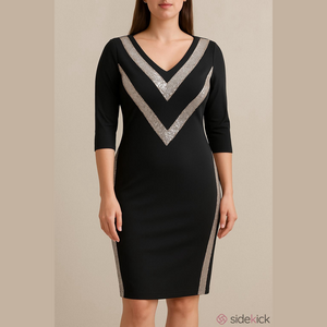 CBR Black Sequin Chevron V Neck Midi Dress Size Large NWT